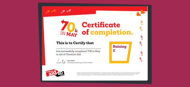 70k in May certificate for Christian Aid Week 2025